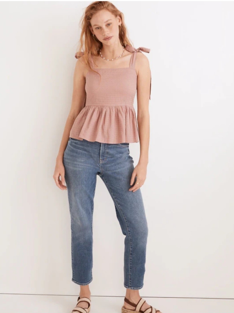 Madewell Pink Tie-Shoulder Smocked Peplum Top